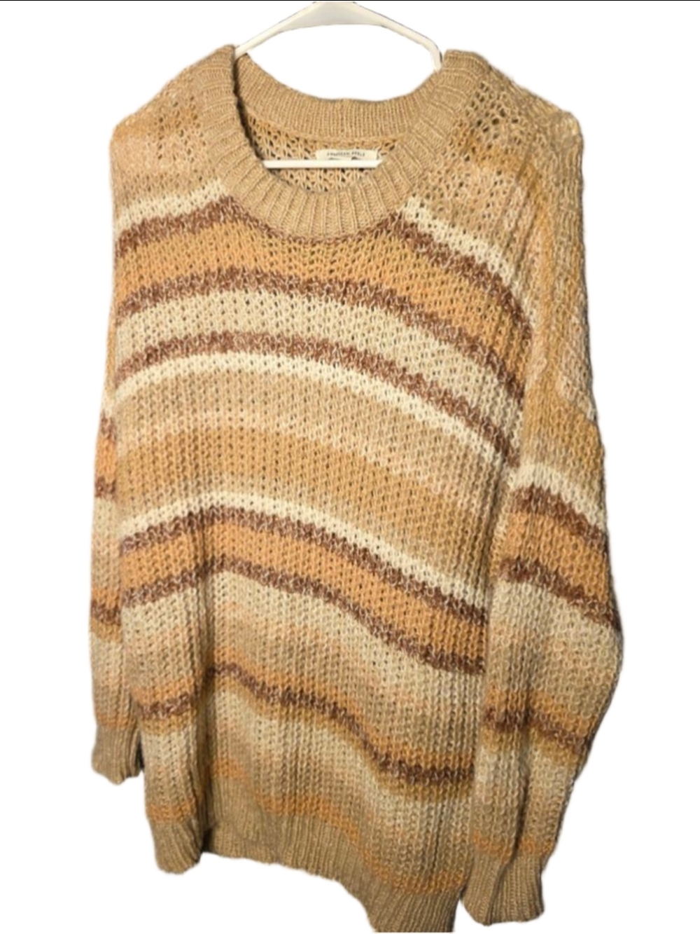 Women's American Eagle Beige Brown Striped Crew Neck Sweater S